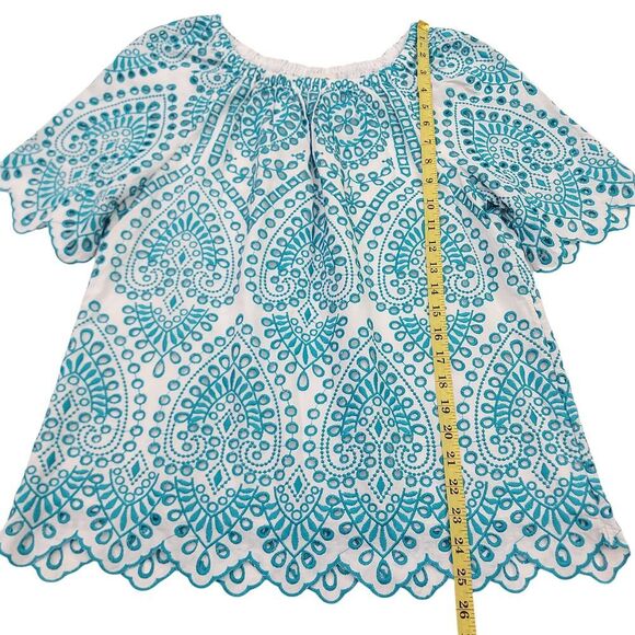 Chico's Eyelet Embroidered Top Womens Small Aqua Green Short Sleeve Bohemian - Picture 8 of 12